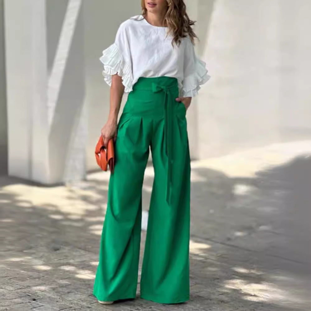 Commuting high waist strap casual wide leg trousers