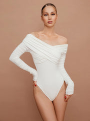 off-ShoulderVCollar Pleating Long Sleeve Tight High Waist Jumpsuit