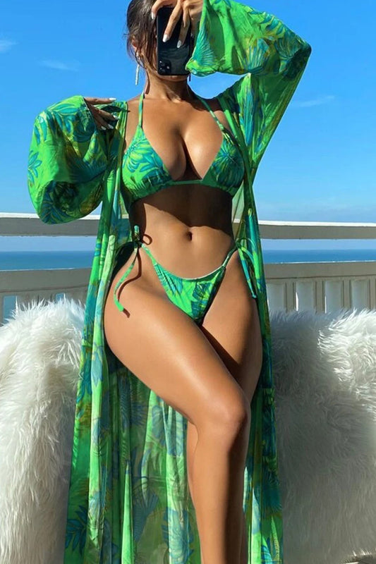 Leaves Print Bikini And Cover Up Swimsuit Set