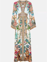 VCollar Bell Sleeve Silk Elegant Vacation Long Dress