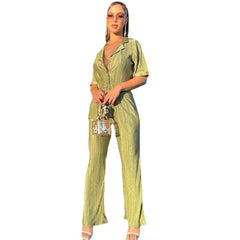 French Commuter Pleated Short-Sleeved Shirt and Wide-Leg Pants Suit