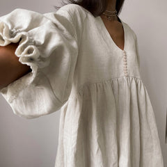 Cotton and LinenVCollar Lantern Sleeve Loose Dress