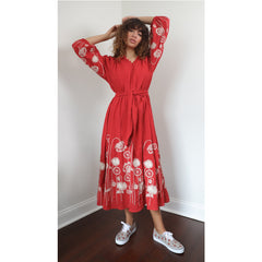 Flower Embroidery Loose Lace-up Long Dress