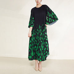 Pleated Oversized Loose-Fitting Pattern Print Organ Pleated Long Sleeve Dress