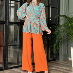 Pleated Graceful Puff Sleeve Shirt High Waist Wide Leg Pants Suit