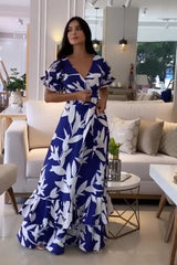 Elegant Blue And White Printed Maxi Dress