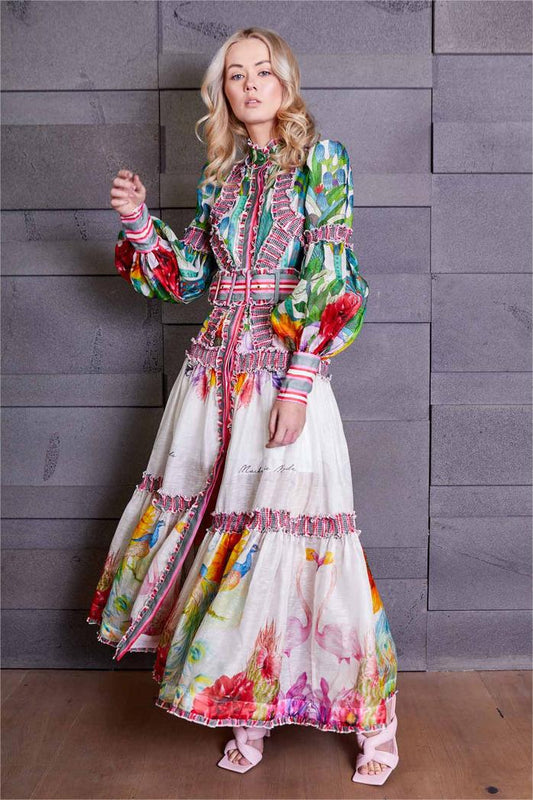 Floral Lantern Sleeve Stand Collar Ruffle Maxi Dress