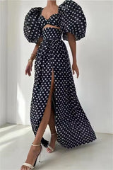 Lantern Sleeve Cut-Out Slit Maxi Dress