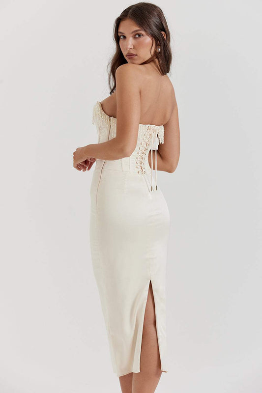 Corset Strapless Faux Pearl Midi Dress