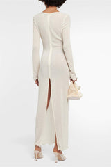 Long Sleeve V-Neck Slit Maxi Dress Solid Color