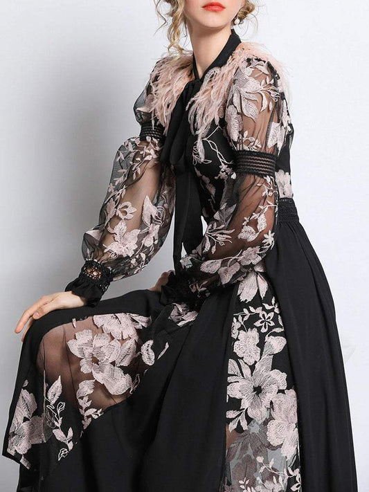 Long Sleeve Scarf Collar Lace Up Midi Dress