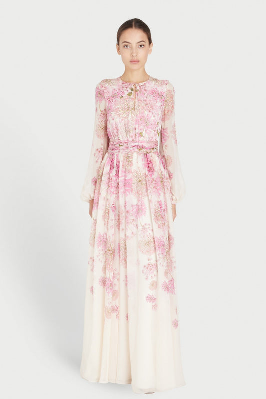 Floral Print Round Neck Puff Sleeve Maxi Dress