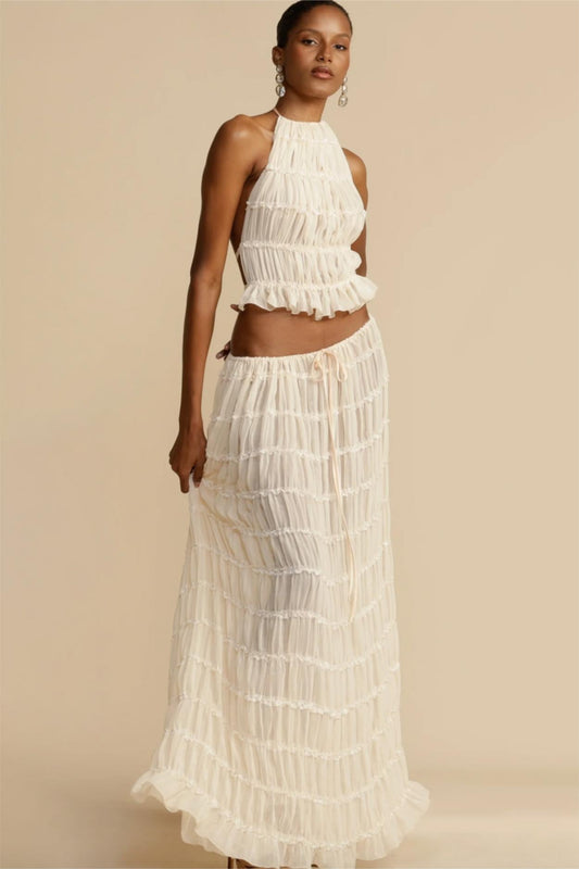 Smocking Halter Neck Backless Top ＆ Mid Waist Maxi Skirt Set