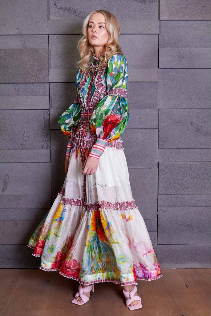 Floral Lantern Sleeve Stand Collar Ruffle Maxi Dress