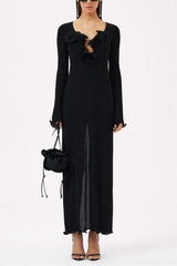 Long Sleeve V-Neck Slit Maxi Dress Solid Color