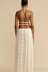 Smocking Halter Neck Backless Top ＆ Mid Waist Maxi Skirt Set