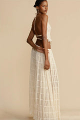 Smocking Halter Neck Backless Top ＆ Mid Waist Maxi Skirt Set