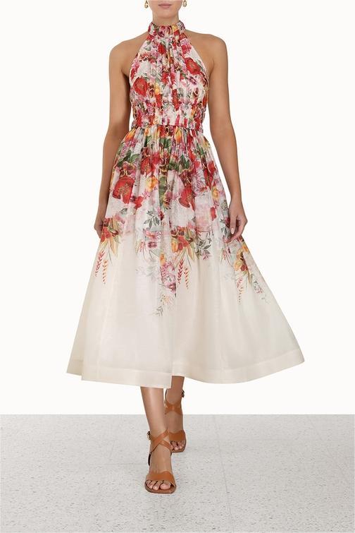 ZimmermaN Floral Sleeveless Pleated Halter Neck Midi Dress