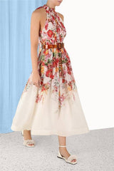 ZimmermaN Floral Sleeveless Pleated Halter Neck Midi Dress