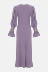 Solid V-Neck Lantern Sleeve Midi Dress