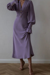 Solid V-Neck Lantern Sleeve Midi Dress