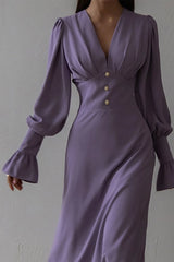 Solid V-Neck Lantern Sleeve Midi Dress