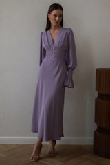 Solid V-Neck Lantern Sleeve Midi Dress