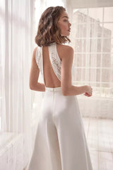 Halter Neck Embroidered Split Jumpsuit