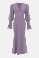 Solid V-Neck Lantern Sleeve Midi Dress