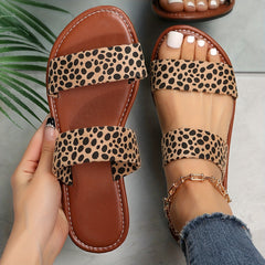 Women's Leopard Print Slide Sandals, Trendy Double Strap Flat Outdoor Shoes, Lightweight Slip On Beach Shoes