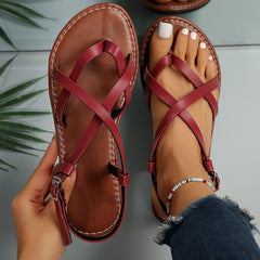 Women's Cross Strap Thong Sandals, Casual Solid Color Buckle Strap Sandals, Lightweight Beach Shoes