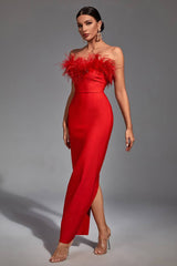 Naomi Red Feather Tassel Maxi Dress