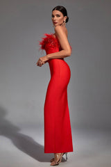 Naomi Red Feather Tassel Maxi Dress