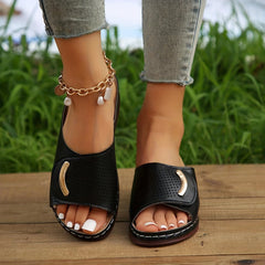 Women's Fan-shaped Wedge Sandals, Slip On Solid Color Soft-sole Breathable Slides Shoes, Comfy Summer Daily Shoes