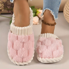 Colorblock Faux Fur Slippers, Casual Slip On Plush Lined Shoes, Comfortable Indoor Home Slippers