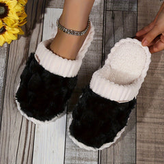 Colorblock Faux Fur Slippers, Casual Slip On Plush Lined Shoes, Comfortable Indoor Home Slippers