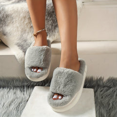 Cozy Fluffy Furry House Slippers, Single Band Open Toe Platform Fuzzy Shoes, Comfy Warm Home Slippers