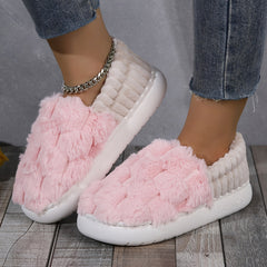 Colorblock Faux Fur Slippers, Casual Slip On Plush Lined Shoes, Comfortable Indoor Home Slippers