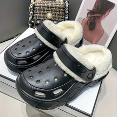 Solid Color Warm Home Slippers, Slip On Fuzzy Thermal Lined Platform Non-slip Shoes, Winter EVA Plush Cozy Shoes