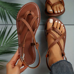 Women's Cross Strap Thong Sandals, Casual Solid Color Buckle Strap Sandals, Lightweight Beach Shoes