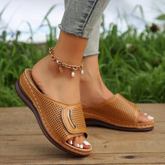 Women's Fan-shaped Wedge Sandals, Slip On Solid Color Soft-sole Breathable Slides Shoes, Comfy Summer Daily Shoes