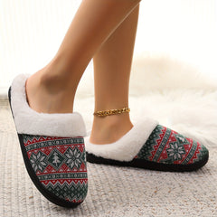 Cartoon Pattern Knitted Fuzzy Slippers, Soft Sole Flat Warm Home Lined Shoes, Winter Plush Christmas Cozy Shoes