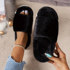 Cozy Fluffy Furry House Slippers, Single Band Open Toe Platform Fuzzy Shoes, Comfy Warm Home Slippers