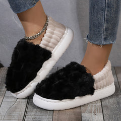 Colorblock Faux Fur Slippers, Casual Slip On Plush Lined Shoes, Comfortable Indoor Home Slippers