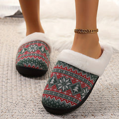 Cartoon Pattern Knitted Fuzzy Slippers, Soft Sole Flat Warm Home Lined Shoes, Winter Plush Christmas Cozy Shoes