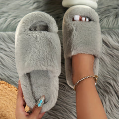 Cozy Fluffy Furry House Slippers, Single Band Open Toe Platform Fuzzy Shoes, Comfy Warm Home Slippers