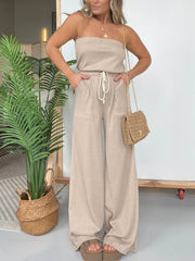 New Strapless Wide Leg Striped Jumpsuit with Adjustable Waist Tie (Buy 2 Free Shipping)