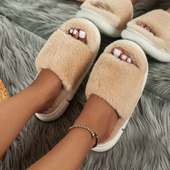 Cozy Fluffy Furry House Slippers, Single Band Open Toe Platform Fuzzy Shoes, Comfy Warm Home Slippers