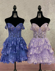 Gorgeous Sparkly Off The Shoulder A-Line Tiered Short Homecoming Dress