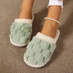 Colorblock Faux Fur Slippers, Casual Slip On Plush Lined Shoes, Comfortable Indoor Home Slippers